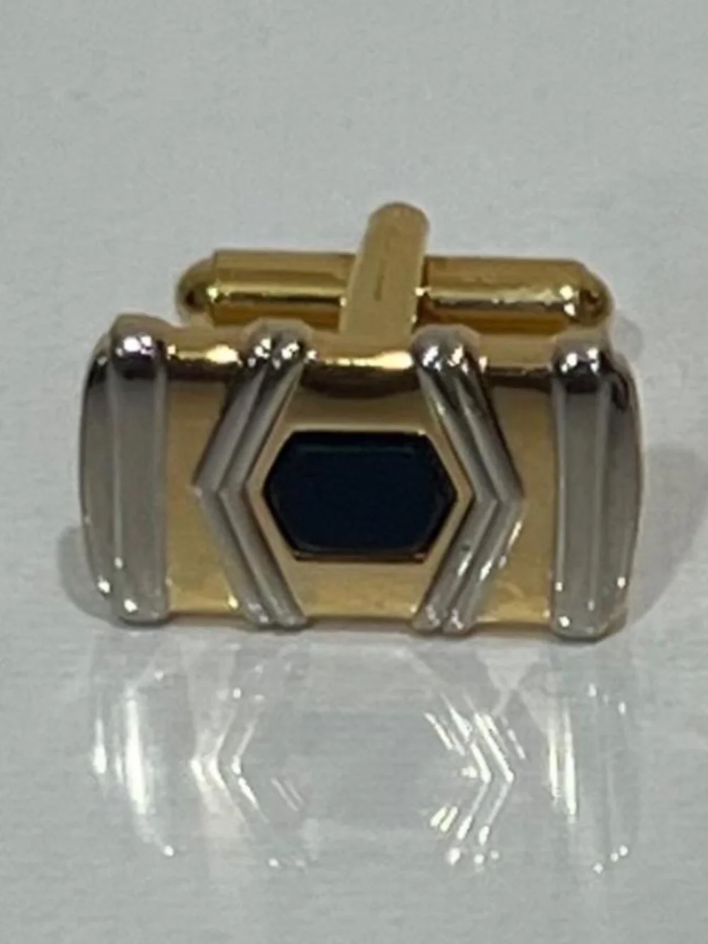 Gold & Silver Tone Black Enamel Cufflinks – Geometric Art Deco Style